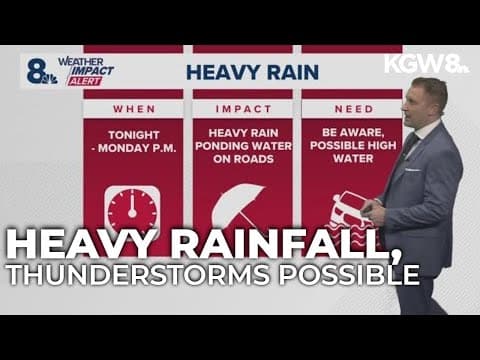 Heavy rainfall arrives overnight into Monday morning, thunderstorms possible