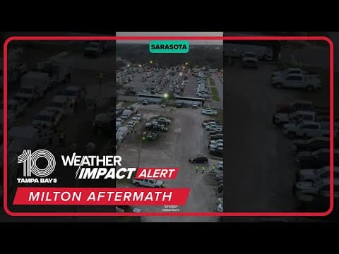 Drone shows line workers departing for repairs in Sarasota after Hurricane #Milton #10tampabay