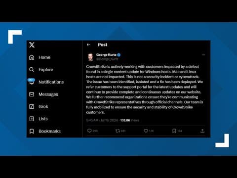 Crowdstrike CEO gives statement after widespread outage