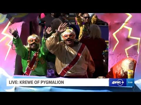 WWL Louisiana's Whitney Miller rides with Krewe of Harmonia in front of Gallier Hall