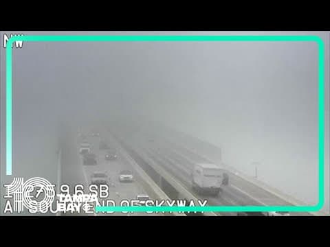 Fog limits visibility over the Sunshine Skyway Bridge