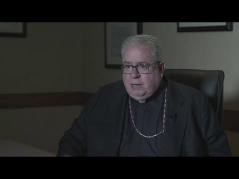 Fort Worth Bishop Michael Olson reacts to the first American pope elected