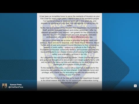 Former Houston Fire Chief Samuel Peña posts message of gratitude to firefighters and Houstonians