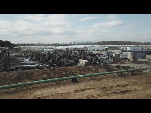 Drone video shows aftermath of fire at Timbuk Farms