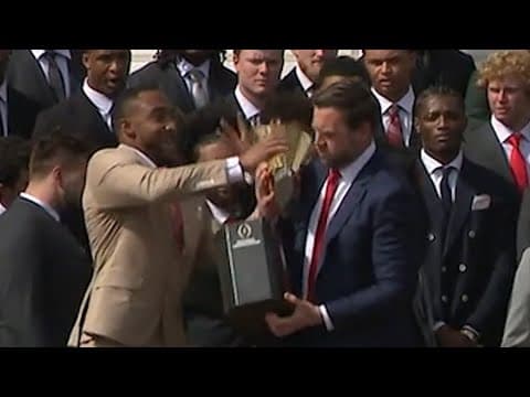VP JD Vance fumbles the Ohio State National Championship trophy