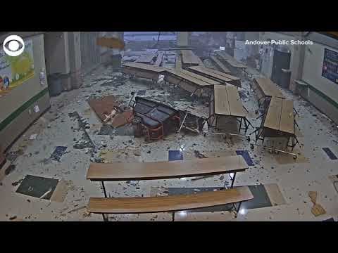 Surveillance video from inside a Kansas elementary school as a tornado moved past
