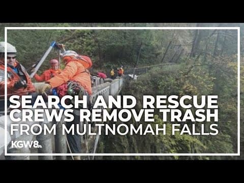 Pacific Northwest Search and Rescue remove trash from Multnomah Falls while rope training