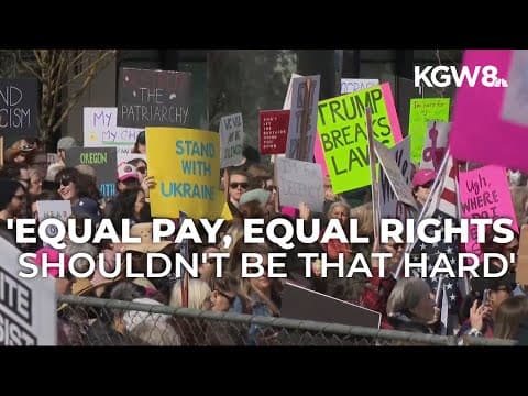 Demonstrators gather at Portland Waterfront for International Women's Day rally, protest