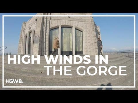 Tourists visit Crown Point amid strong wind warning in the Columbia River Gorge