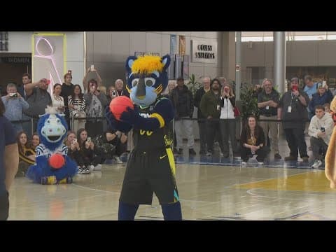 Team mascots take part in free throw challenge on airport court