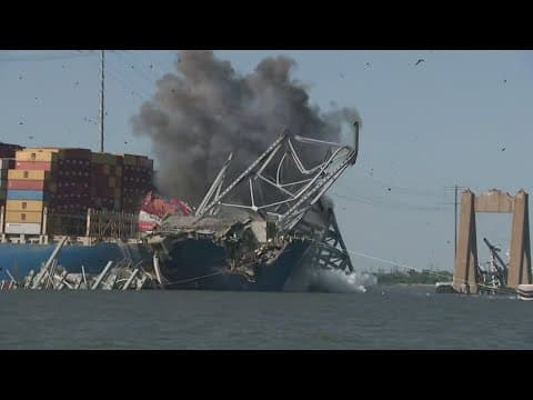 Crews conduct controlled demolition to remove wreckage from the Baltimore Key Bridge