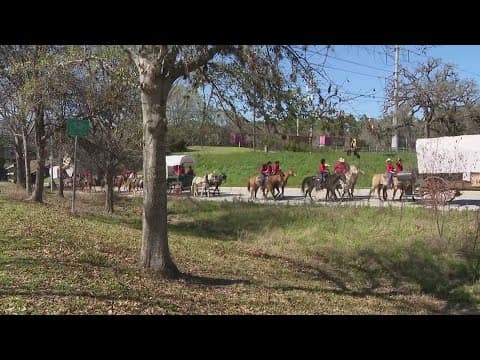 Trail riders set up camp at Memorial Park in Houston