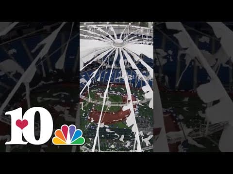 Drone Video: Tropicana Field roof torn apart by Hurricane Milton