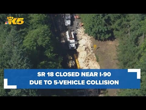 Aerials: 5-vehicle collision completely closes SR 18 near I-90, Tiger Mountain