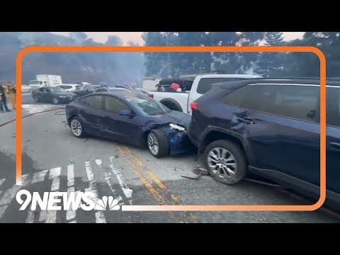 Cars Smashed After Bulldozer Clears Sunset Blvd During Pacific Palisades Wildfire