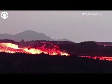 Rock flows down river of lava on La Palma island in Spain