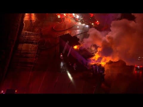 Breaking Live Video: Overturned 18-wheeler engulfed in flames on Katy Freeway in Brookshire