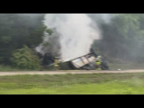 Tractor-trailer flips and burns on I-81 in Greene County, TN