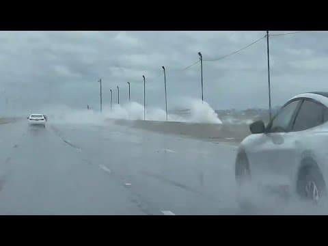 Hurricane Helene: Waves crash onto the Howard Frankland Bridge between Tampa and St. Pete