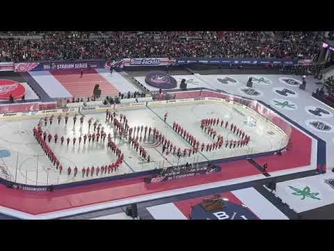 Ohio State Athletic Band performs Script Ohio on the ice before NHL Stadium Series