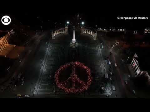 People in Budapest form giant peace sign for Ukraine