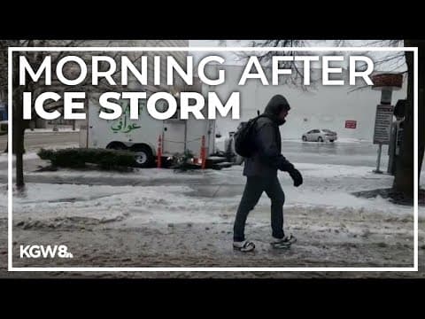 Downtown Portland morning commute shows slippery streets, sheets of ice