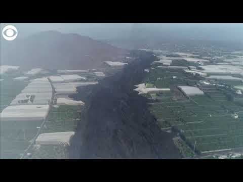 Lava trail left behind by volcano on island of La Palma in Spain