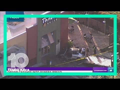 Driver crashes into Panera Bread in Wesley Chapel; car catches fire