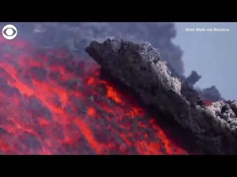 Close up video of the lava flowing from Mount Etna