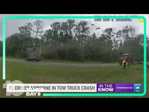 Driver sends car flying more than 100 feet after hitting parked tow truck ramp