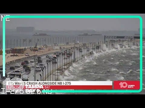 Strong winds whip up big waves on Old Tampa Bay alongside I-275