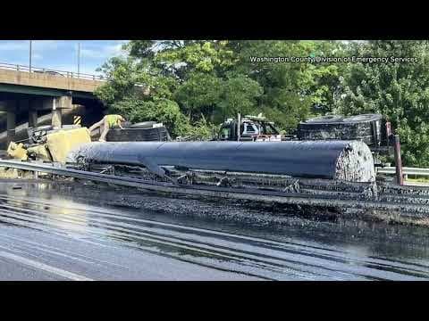 Tanker truck overturns, spills liquid asphalt on I-81