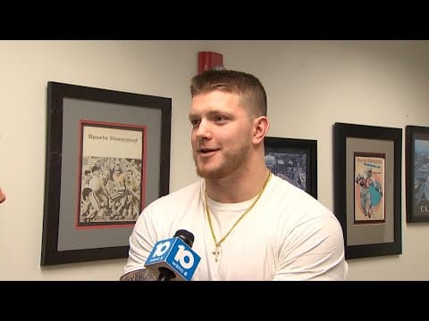 DE Jack Sawyer speaks with 10TV's Adam King after signing autographs, meeting fans in Easton