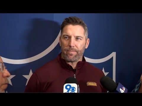 Commanders GM Adam Peters talks to reporters at NFL Combine