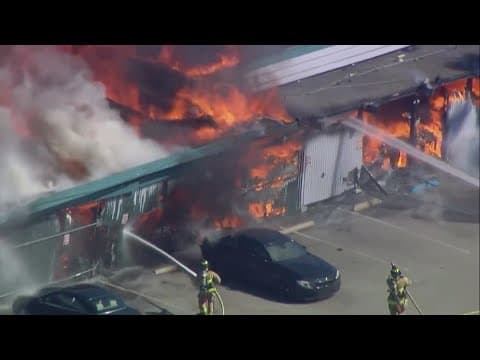 Firefighters battle structure fire burning near Campland on the Bay in Pacific Beach