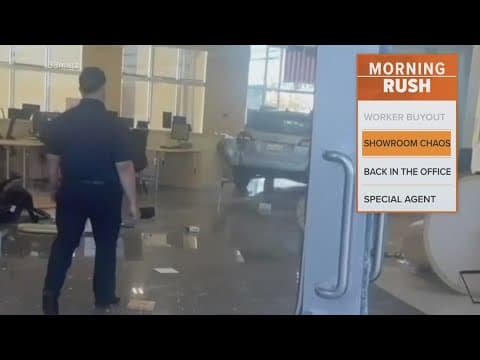 Car drives through a CarMax showroom