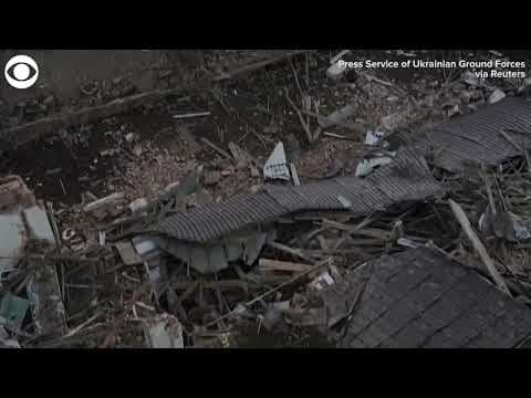 Ukrainian military released footage showing damaged buildings & infrastructure in Okhtyrka, Ukraine