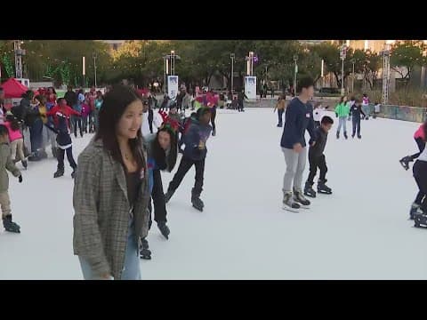 Hundreds of children take part in free ice-skating party at Discovery Green in downtown Houston
