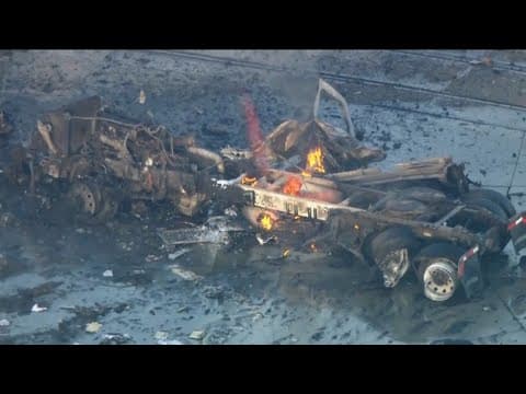 Raw video: Semi-truck explosion injures at least 9 firefighters near LA