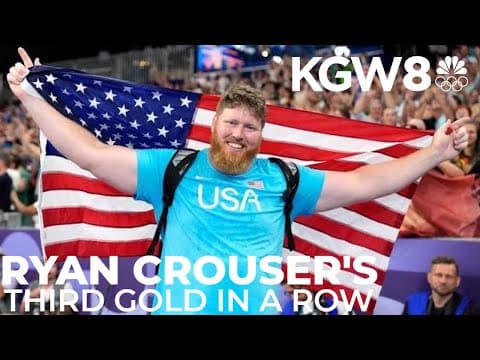 Oregon's Ryan Crouser celebrates becoming three-time gold medalist