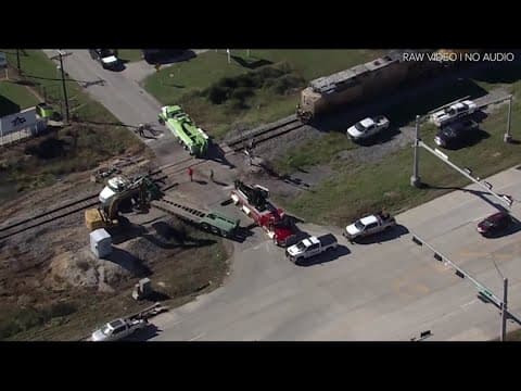 Air 11 video over wreck involving train and truck in Waller County