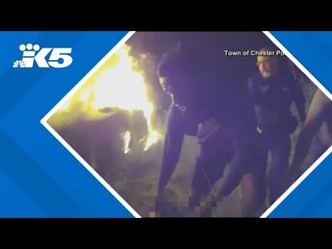Police officer and bystanders pull woman from burning car
