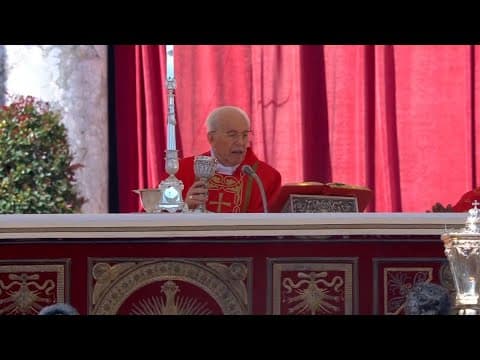 Pope Francis funeral: Cardinal Giovanni Battista Re prepares the gifts at the altar | Vatican TV