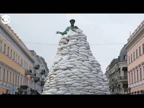 Sandbags surround monuments in Odesa, Ukraine