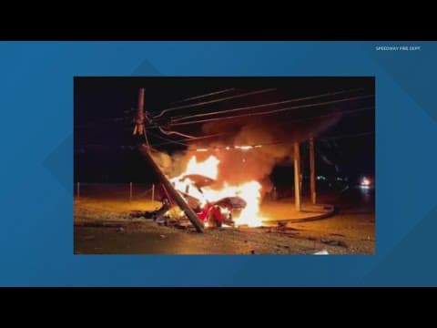 Car crashes into utility pole, catches fire in front of Indianapolis Motor Speedway