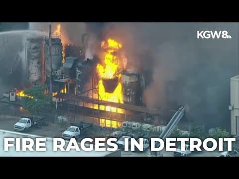 Firefighters battle industrial blaze in Detroit, Michigan; one firefighter injured