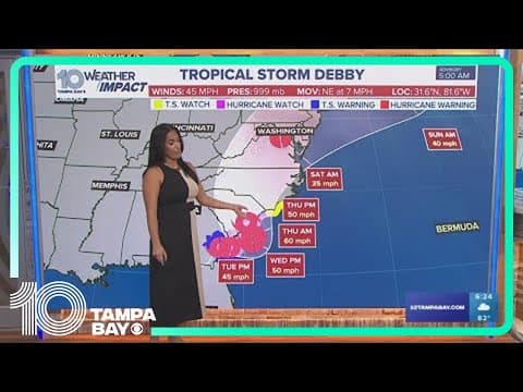 Tropical Storm Debby heads for the Carolinas with outer rainbands still affecting Tampa