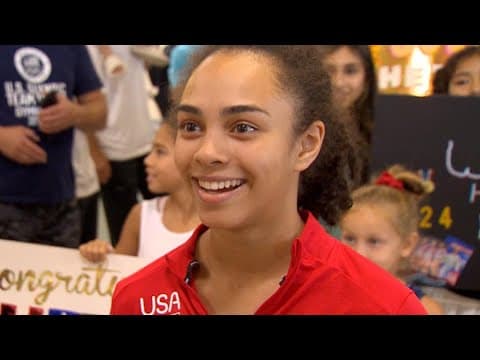 Team USA Olympic gymnast Hezley Rivera speaks after winning gold in the Paris Olympics