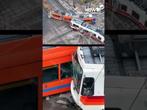 Portland TriMet MAX train and streetcar detail after colliding with each other