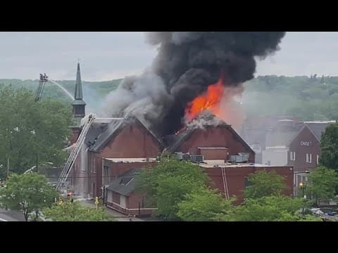 Drone video shows massive church fire in Coshocton County